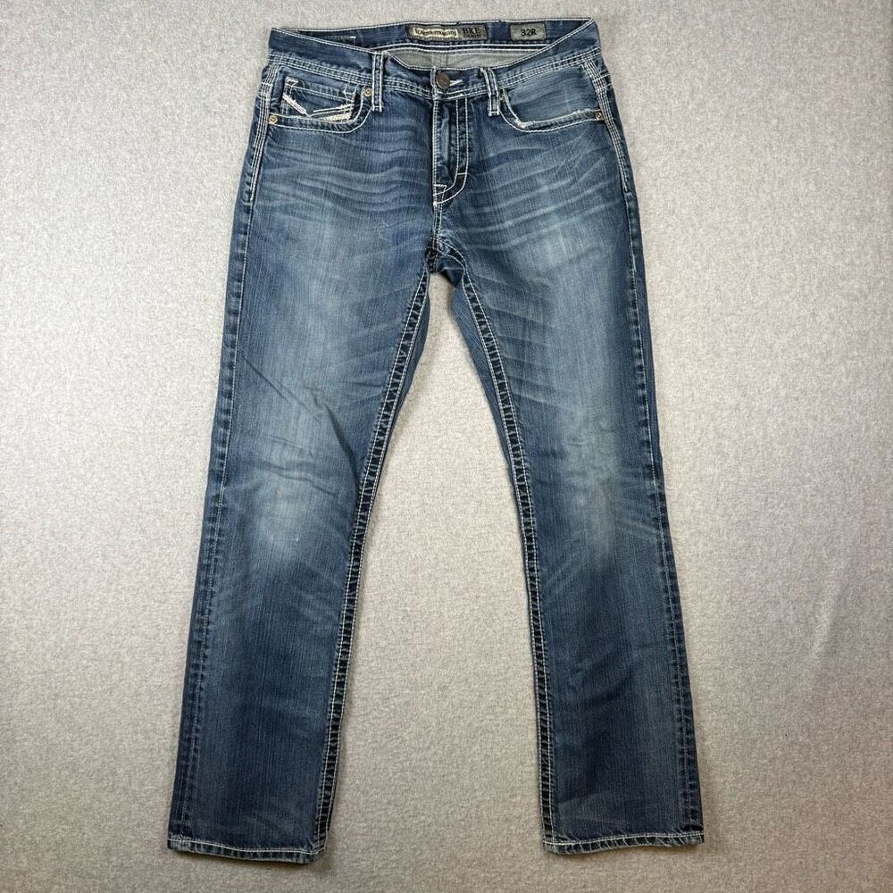 BKE Mens Size 32 Carter Straight Leg Denim Jeans Distressed Blue Thick Stitch